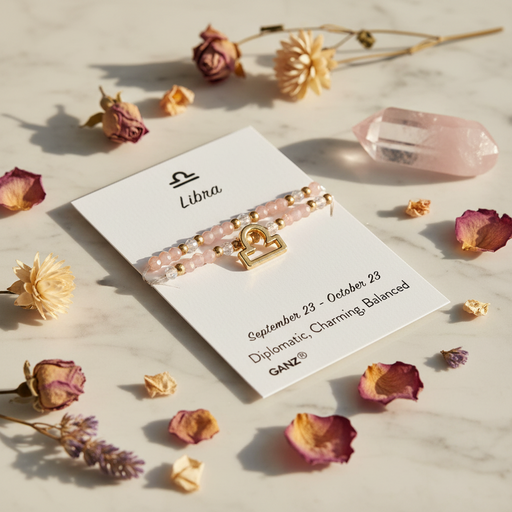 A Libra-themed beaded bracelet, displayed on a white card labeled 'Libra' with decorative dried flowers and crystals on a marble surface.