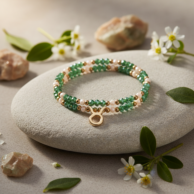 A beaded stretch bracelet with green and white beads and a gold-tone Taurus zodiac charm, displayed on a smooth light gray stone surrounded by small white flowers and leaves.