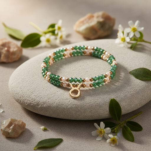 A beaded stretch bracelet with green and white beads and a gold-tone Taurus zodiac charm, displayed on a smooth light gray stone surrounded by small white flowers and leaves.