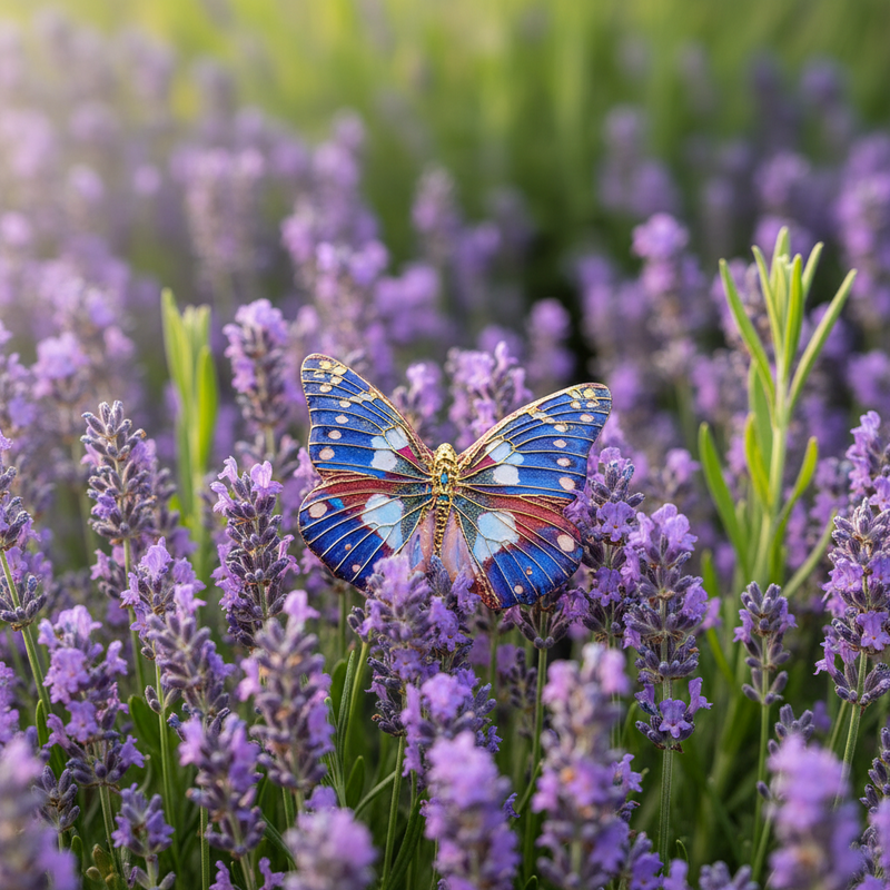 A close-up photograph of a colorful butterfly magnet perched on a field of purple lavender flowers, with soft green foliage in the background.