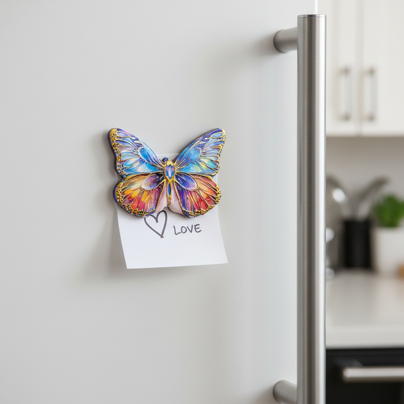 A colorful butterfly-shaped refrigerator magnet with a white sticky note attached, hanging on a white refrigerator door in a kitchen setting.