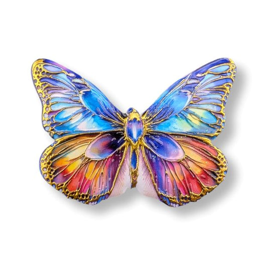 Colorful butterfly-shaped object with gold accents on a white background