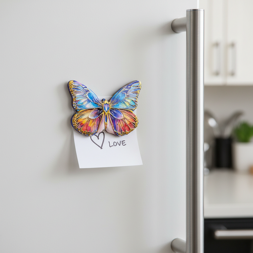 A colorful butterfly-shaped refrigerator magnet with a white sticky note attached, hanging on a white refrigerator door in a kitchen setting.