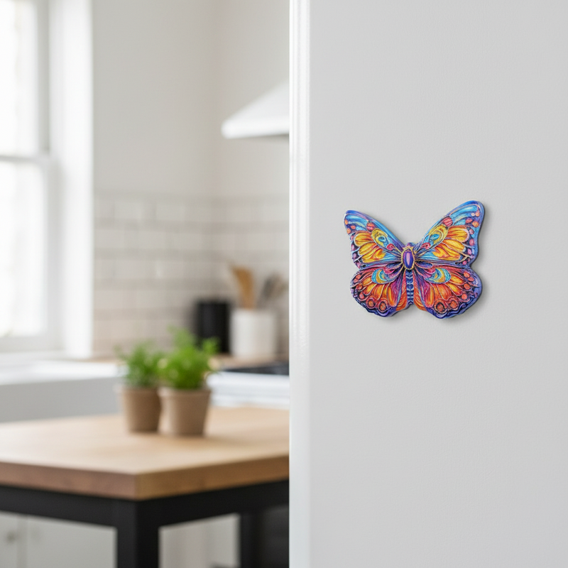 A colorful butterfly magnet  with vibrant blue, orange, yellow, and purple patterns, shown on a white refrigerator door in a blurred kitchen setting.