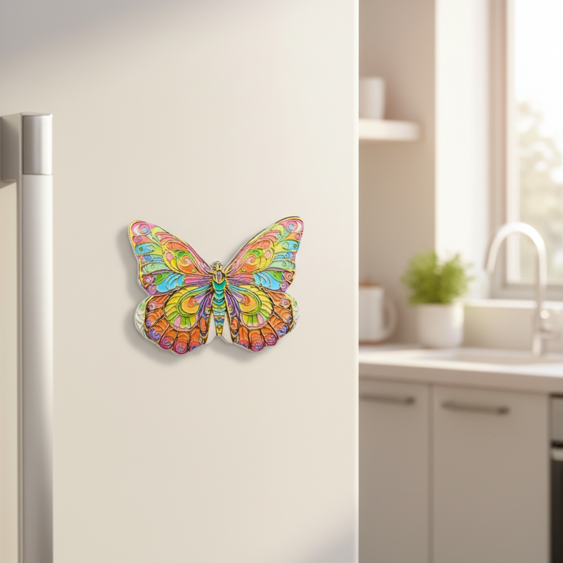A colorful butterfly-shaped refrigerator magnet on a white refrigerator door, with a blurred kitchen scene in the background.