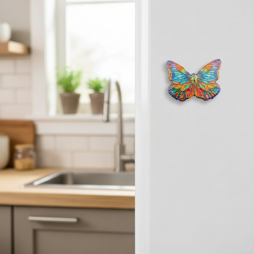 A colorful butterfly  magnet on a white wall, with a blurred kitchen sink and window in the background.