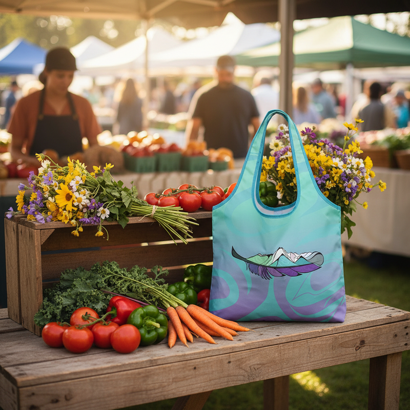 Reusable shopping bag with floral design on a table with fresh produce at an outdoor market.