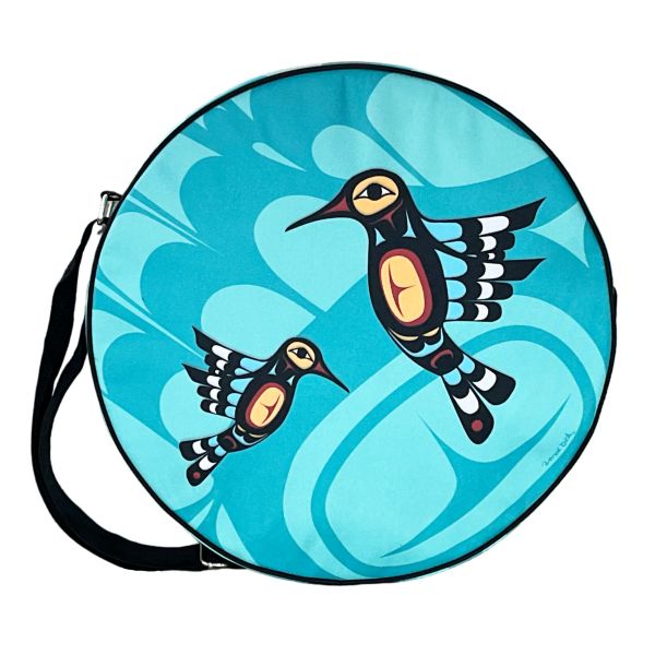 Round bag with bird design on a blue background