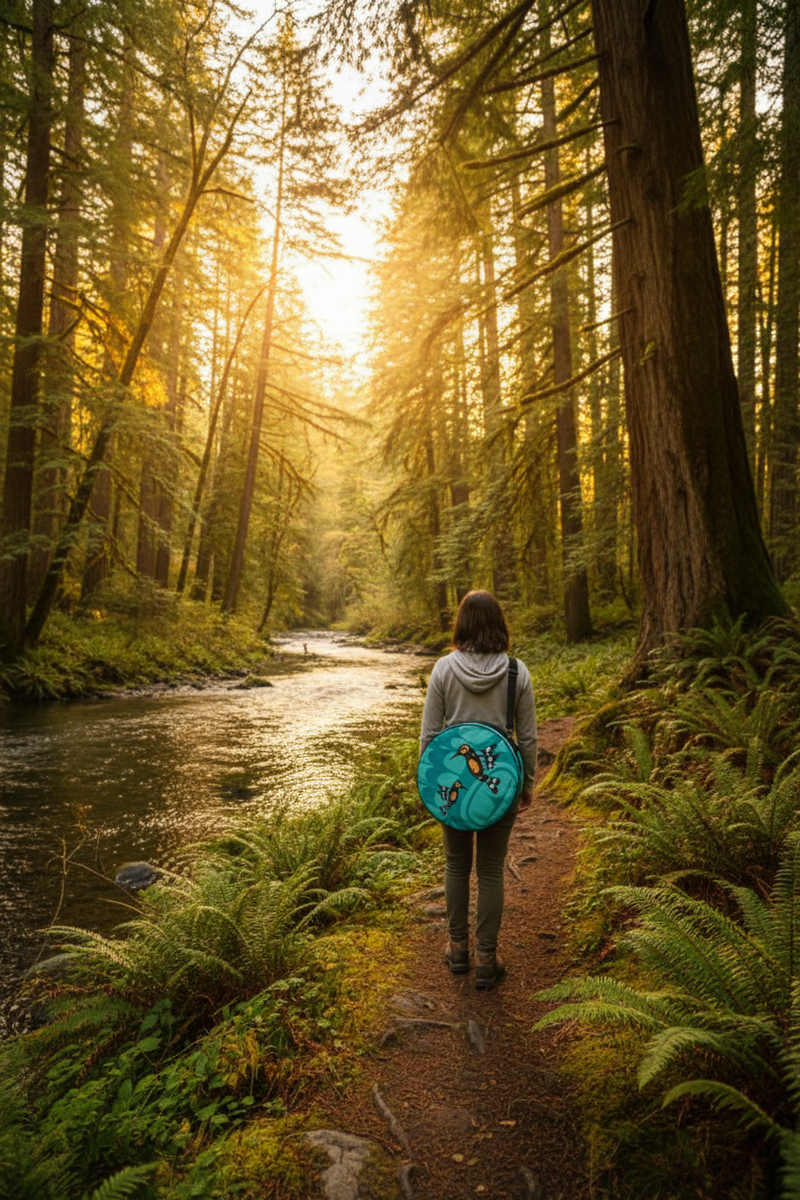 Person walking along a path in a forest with a blue drum bag, surrounded by tall trees and a stream.