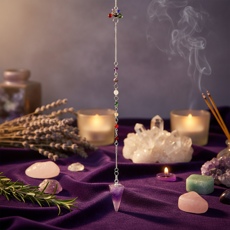 A purple pendulum with beads and a purple crystal tip stands upright on draped purple fabric, surrounded by candles, crystals, dried lavender, rosemary, and incense sticks.