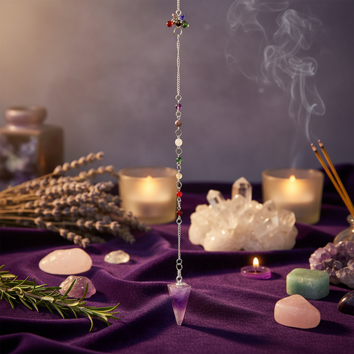 A purple pendulum with beads and a purple crystal tip stands upright on draped purple fabric, surrounded by candles, crystals, dried lavender, rosemary, and incense sticks.