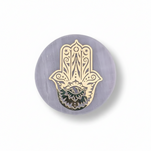 A selenite charge plate with a golden Hand Of Fatima, shown on a clean white studio background.
