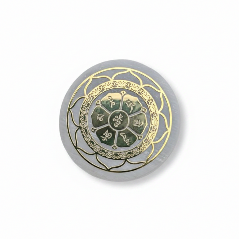 A Selenite Charge Plate with a golden Lotus Flower pattern, shown on a plain white background.