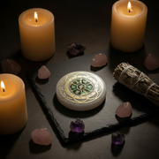 A Selenite Charge Plate with a golden Lotus Flower pattern sits on a black slate board, surrounded by pink and purple crystals, a white sage smudge bundle, and three lit cream pillar candles on a dark background.