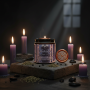 Candle with 'Hekate' label surrounded by purple candles and stones on a dark background