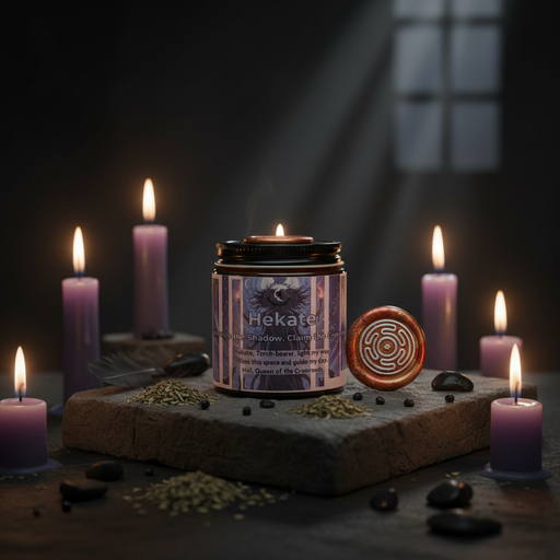 Candle with 'Hekate' label surrounded by purple candles and stones on a dark background