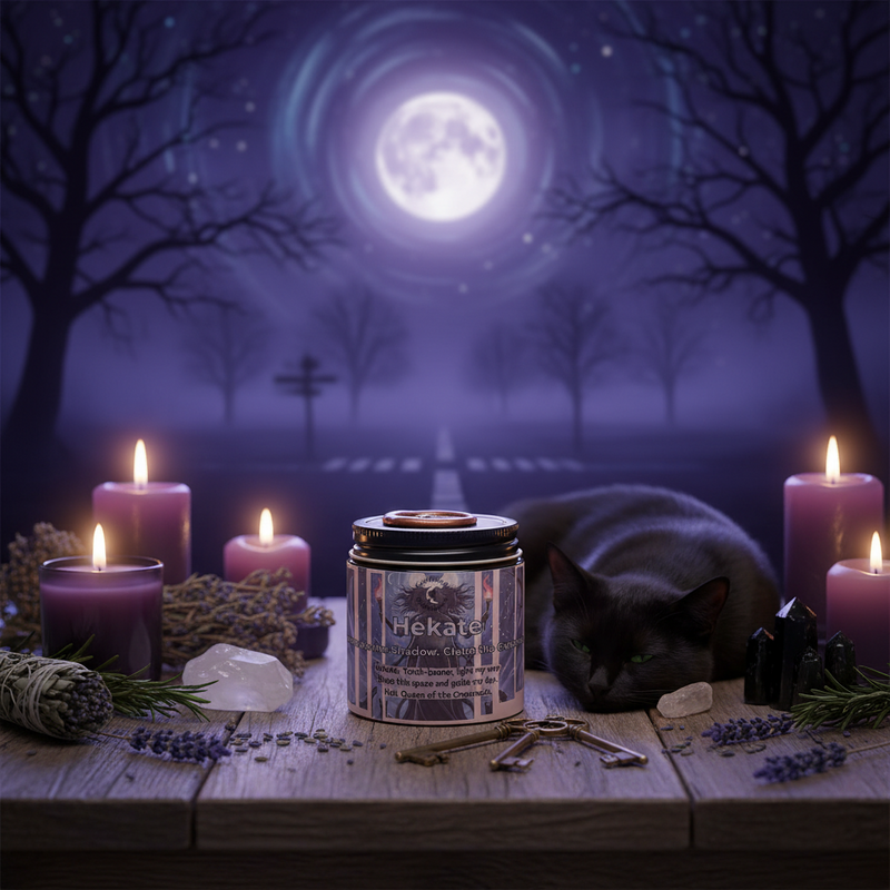 Candlelit scene with a cat, Hekate product, and lavender on a wooden table under a full moon.