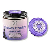 Candle jar labeled 'Crown Chakra' with a purple lid on a white background