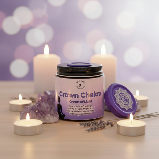 Candle with 'Crown Chakra' packaging on a table with candles and crystals, blurred lights in the background