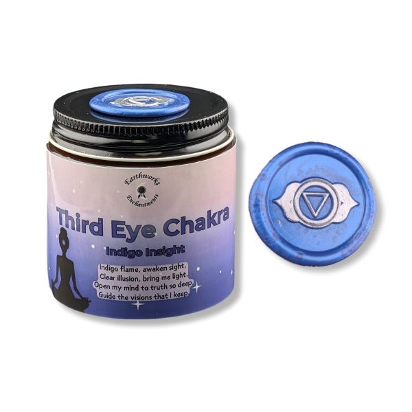 Candle jar labeled 'Third Eye Chakra' with a blue lid featuring a chakra symbol on a white background.