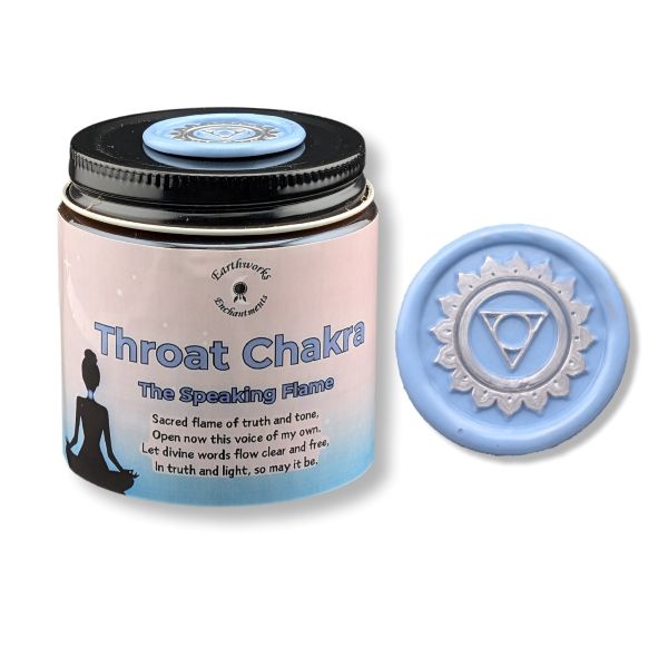 Throat Chakra candle with packaging and symbol on a white background