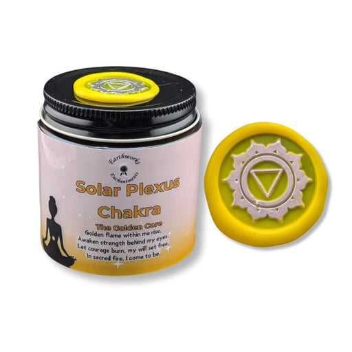Container labeled 'Solar Plexus Chakra' with a yellow lid featuring a chakra symbol on a white background.