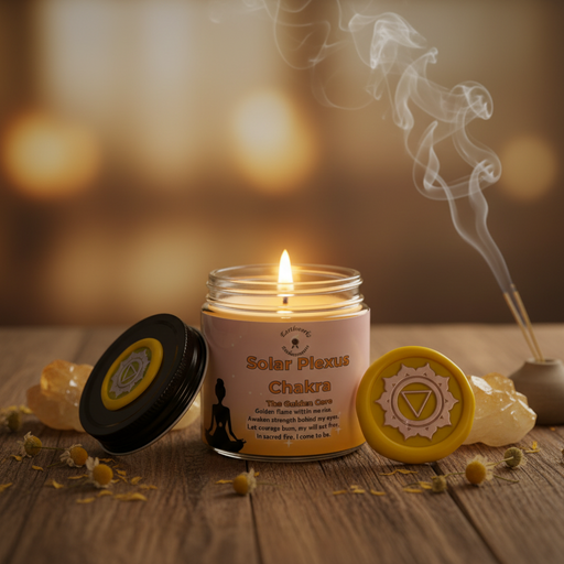 Candle labeled 'Solar Plexus Chakra' with smoke and a blurred background