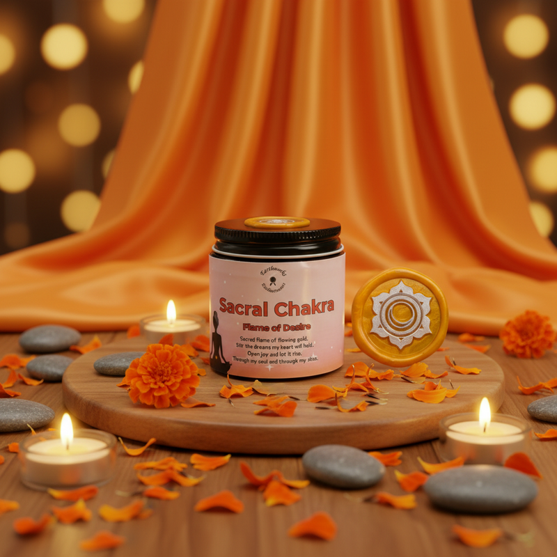 Candle with 'Sacral Chakra' label on a wooden board with orange flowers and candles, against an orange fabric background.