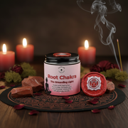 Root Chakra candle with incense and candles on a dark background
