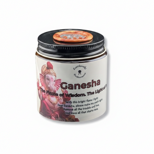 Candle jar with Ganesha design and text on a white background