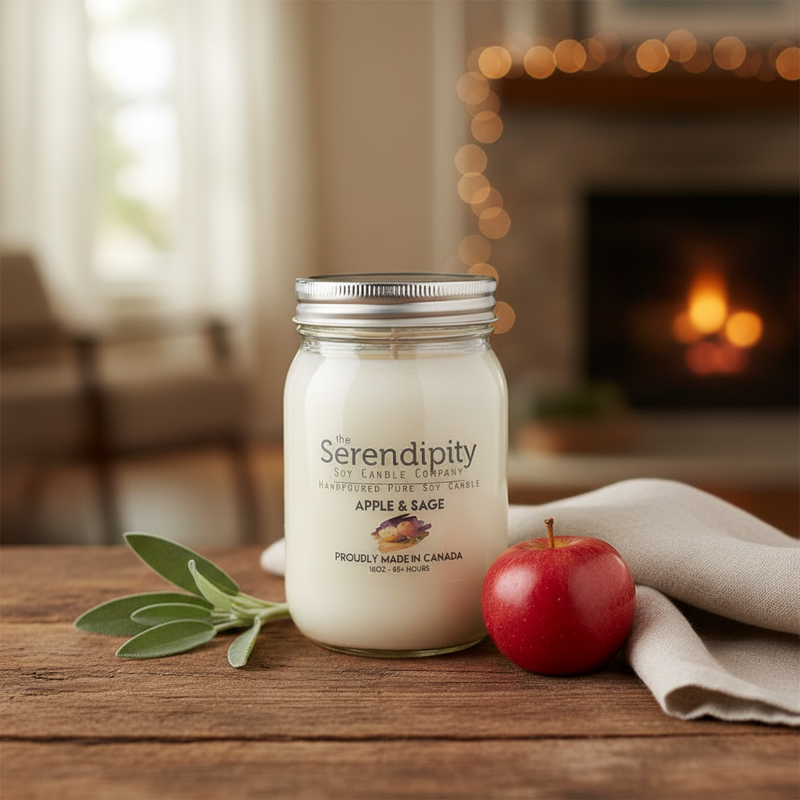 a 16oz soy wax jar candle apple & sage scented in a  living room setting