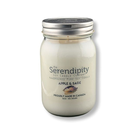 a 16oz jar candle soy wax scented apple & sage on a white background