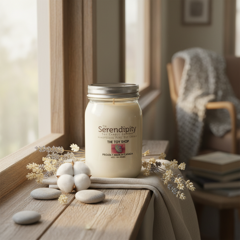 a 16oz jar candle The Toy Shop in a cottage setting