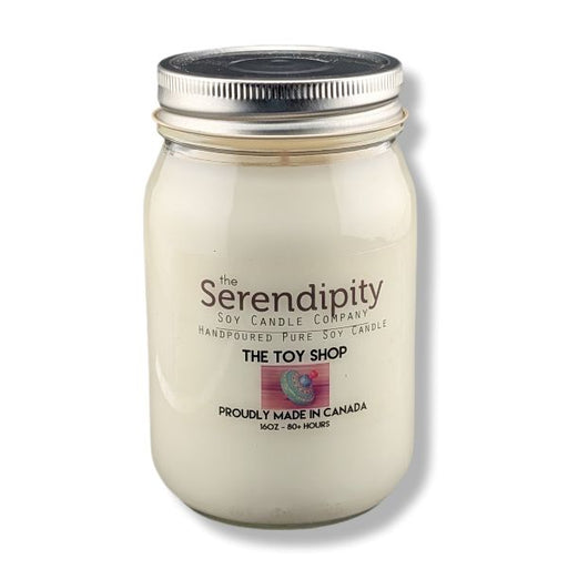 a 16oz jar candle The Toy Shop scent on a white background