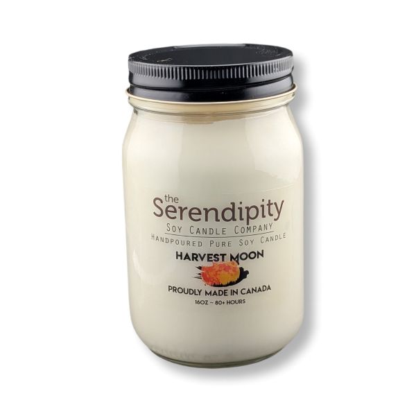 a 16oz candle jar harvest moon scent on a white background