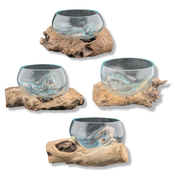 driftwood holder with a glass bowl