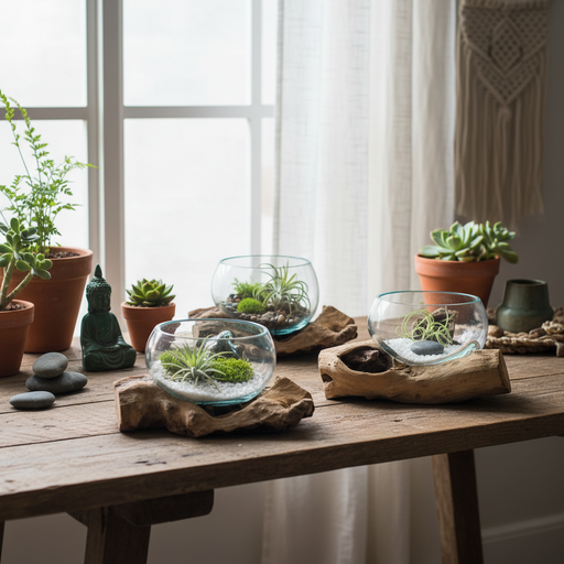 driftwood holders with glass bowls with plants