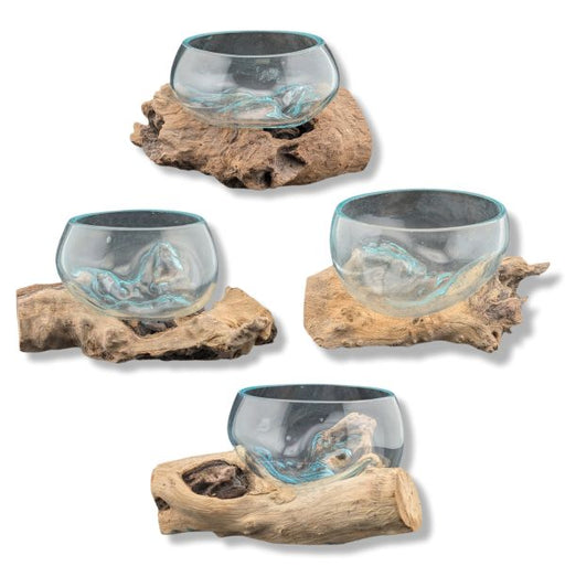driftwood holder with a glass bowl