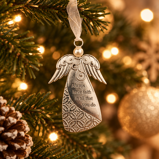A silver angel Christmas ornament hanging from a decorated Christmas tree. The ornament features engraved wings, a pearl-like head, and the text 'Always have faith in all that you do' on its body, with a warm, glowing bokeh background of lights and pine needles.