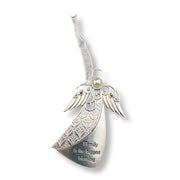 A silver angel-shaped hanging ornament with engraved decorative wing details and the phrase 'Family is the biggest blessing' on the body, plus a small pearl-like bead at the top, shown on a white background.