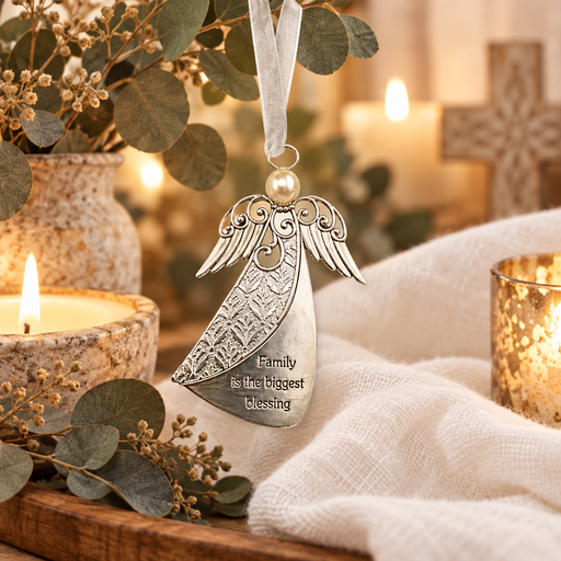 A silver angel-shaped hanging ornament with engraved script reading 'Family is the biggest blessing,' suspended by a white ribbon. The ornament is styled on a wooden tray with eucalyptus sprigs, a lit candle, a white fabric cloth, and a softly blurred warm background with a cross and candlelight.