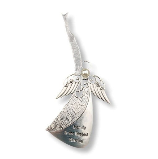 A silver angel-shaped hanging ornament with engraved decorative wing details and the phrase 'Family is the biggest blessing' on the body, plus a small pearl-like bead at the top, shown on a white background.