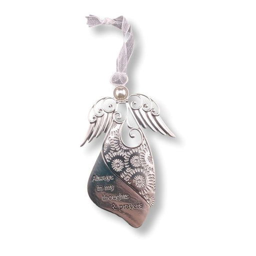 Silver angel wing keepsake ornament with a small pearl accent and a lavender ribbon loop, featuring floral engravings and the text 'Always in my thoughts & prayers' on a white background.