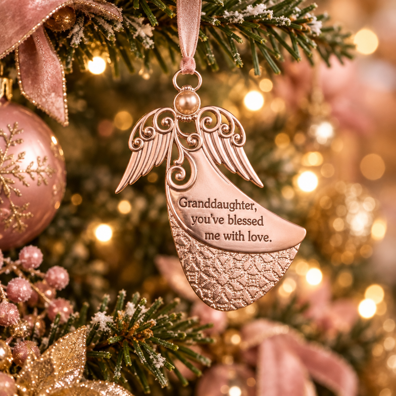 Rose gold angel-shaped Christmas ornament engraved with 'Granddaughter, you've blessed me with love.' hanging on a decorated Christmas tree with warm bokeh lights.