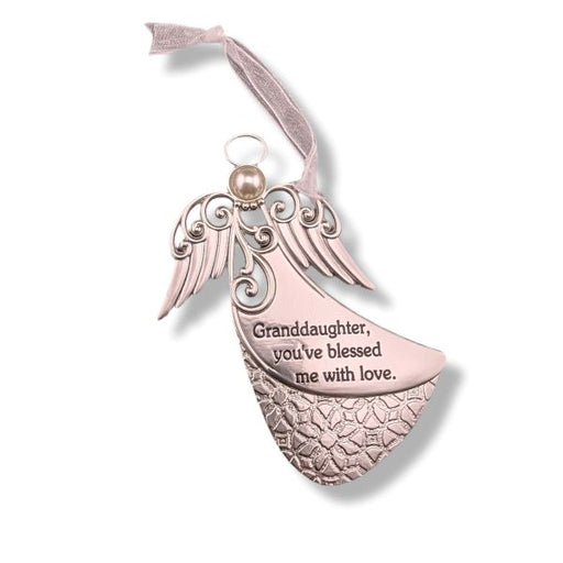 A silver-toned angel wing ornament with a pink enamel body, a pearl-like bead at the top, and a pink ribbon loop, featuring the engraved message 'Granddaughter, you've blessed me with love.' on a white background.
