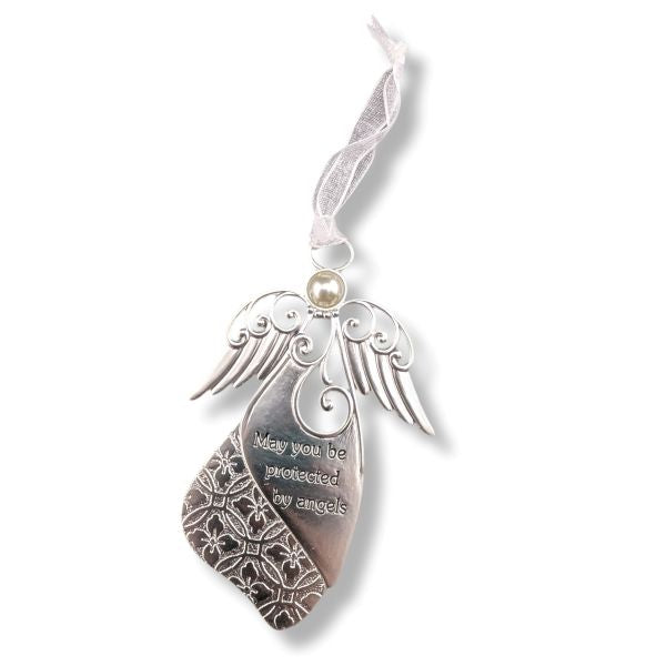 A silver angel wing ornament with a pearl accent and a hanging ribbon, featuring engraved text that reads 'May you be protected by angels' on a white background.