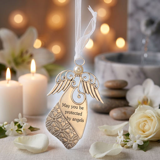 A decorative angel-shaped hanging ornament with engraved text reading 'May you be protected by angels,' suspended by a white ribbon. The ornament is styled on a tabletop with lit candles, flowers, petals, and soft blurred lights in the background.