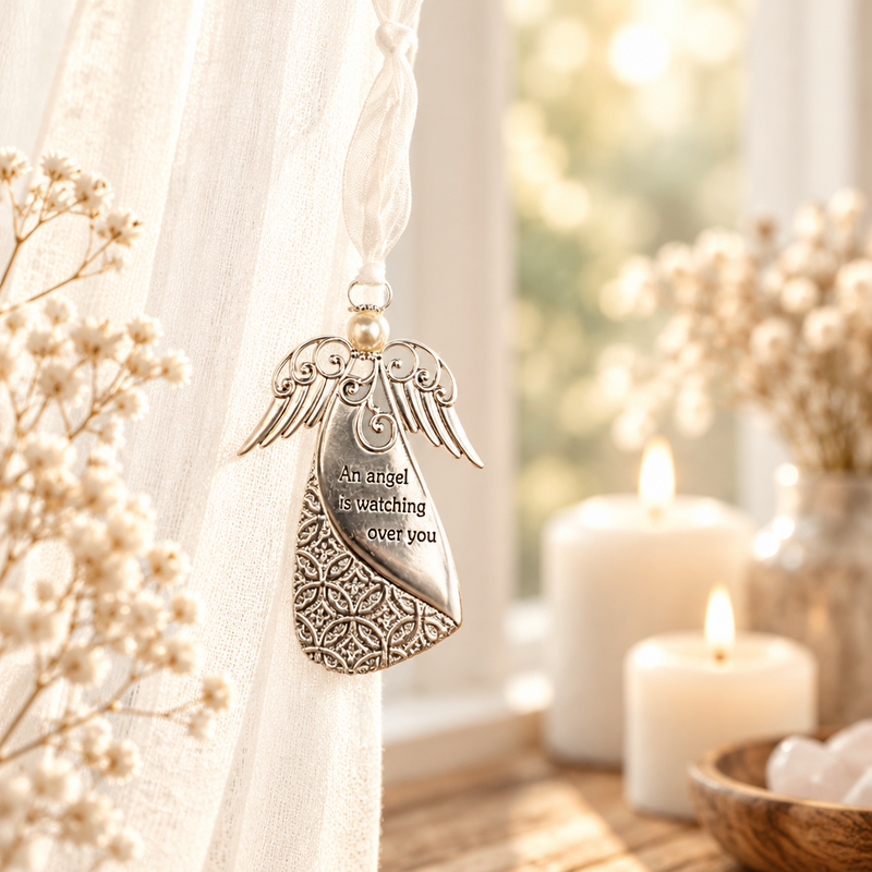 An engraved silver angel-shaped keepsake ornament hangs from a white ribbon in a softly lit home setting with white candles, dried flowers, and a sheer curtain.