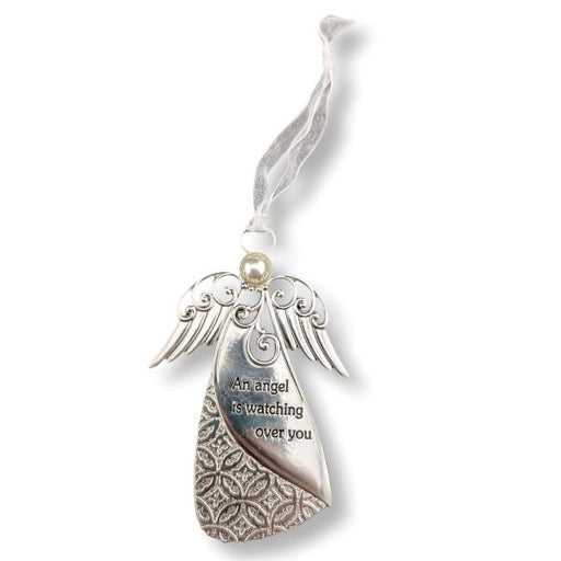Silver angel ornament with engraved text 'An angel is watching over you' and a white ribbon loop, shown on a white background.