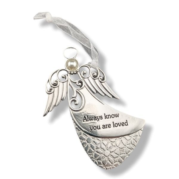 Silver angel wing hanging ornament with a small pearl accent and the engraved message 'Always know you are loved', suspended from a sheer white ribbon on a white background.